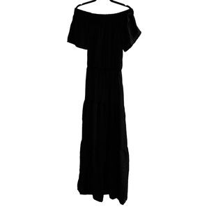 Beautiful, silky, black maxi dress off the shoulders with built-in slip.